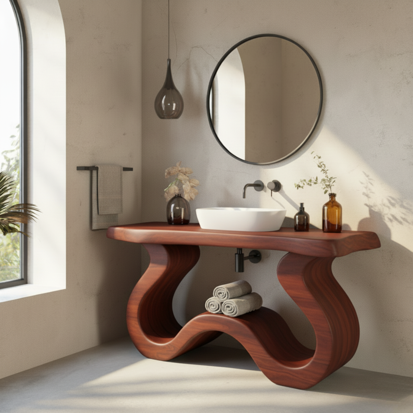 Organic Modern Solid Wood Bathroom Vanity with Sculpted Wave-Form Base and Live-Edge Countertop