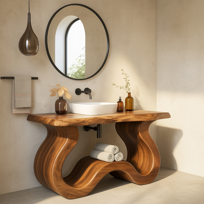 Organic Modern Solid Wood Bathroom Vanity with Sculpted Wave-Form Base and Live-Edge Countertop