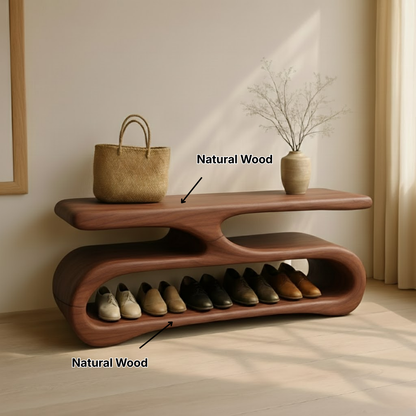 Organic Flow Shoe Bench in Solid Wood – Sculptural Entryway Storage