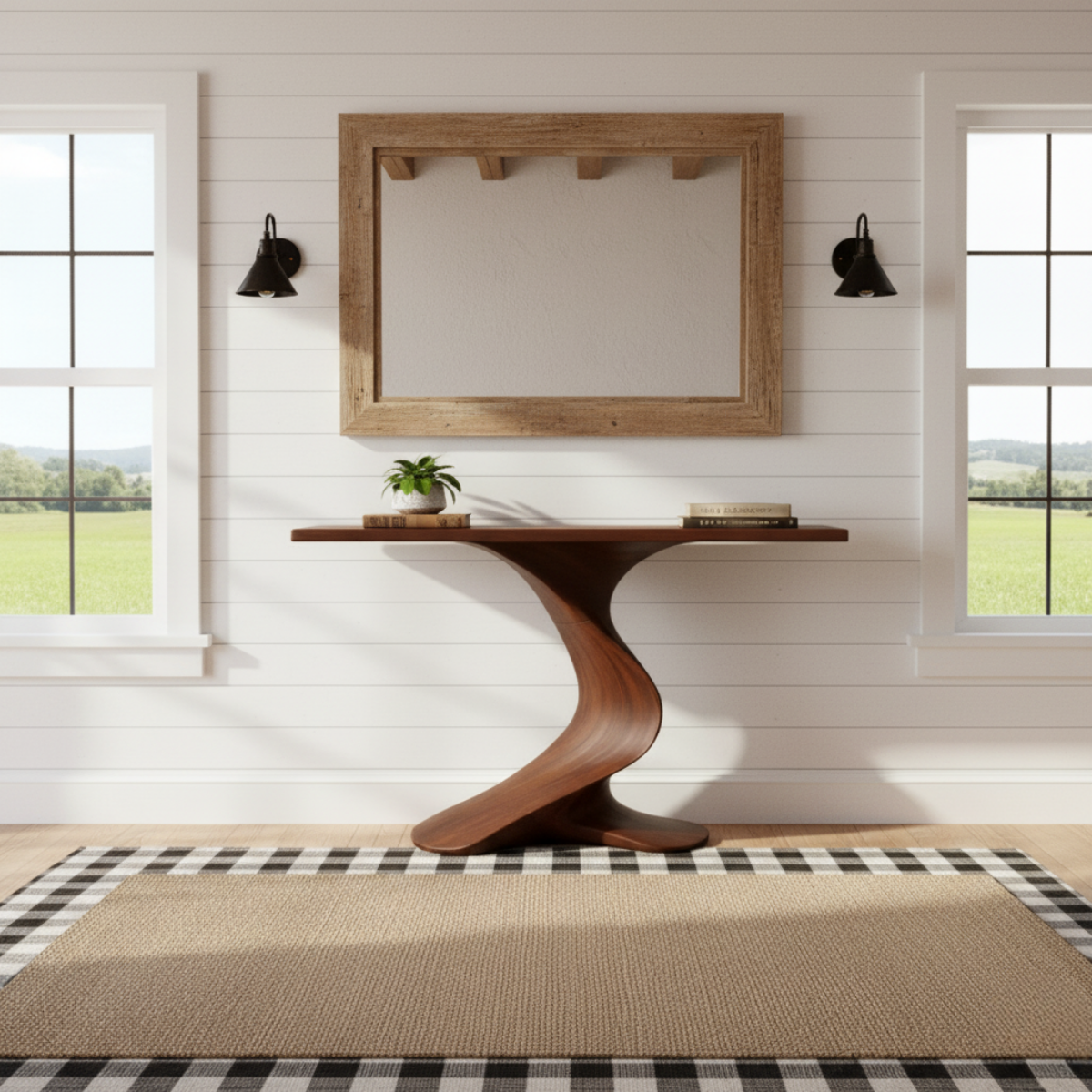 Organic Modern Solid Wood Console Table Featuring a Sculpted S-Curve Base