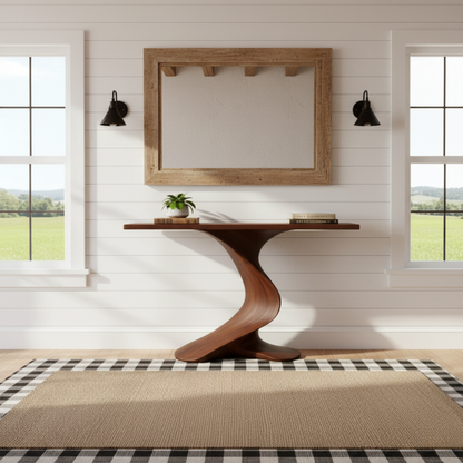 Organic Modern Solid Wood Console Table Featuring a Sculpted S-Curve Base