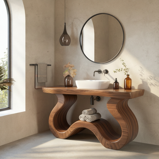 Organic Modern Solid Wood Bathroom Vanity with Sculpted Wave-Form Base and Live-Edge Countertop