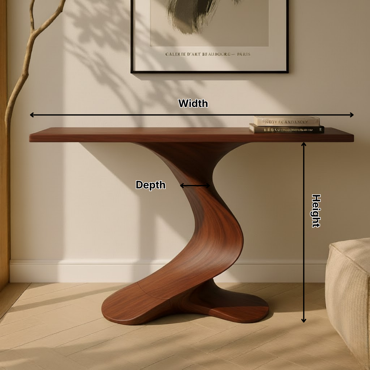 Organic Modern Solid Wood Console Table Featuring a Sculpted S-Curve Base