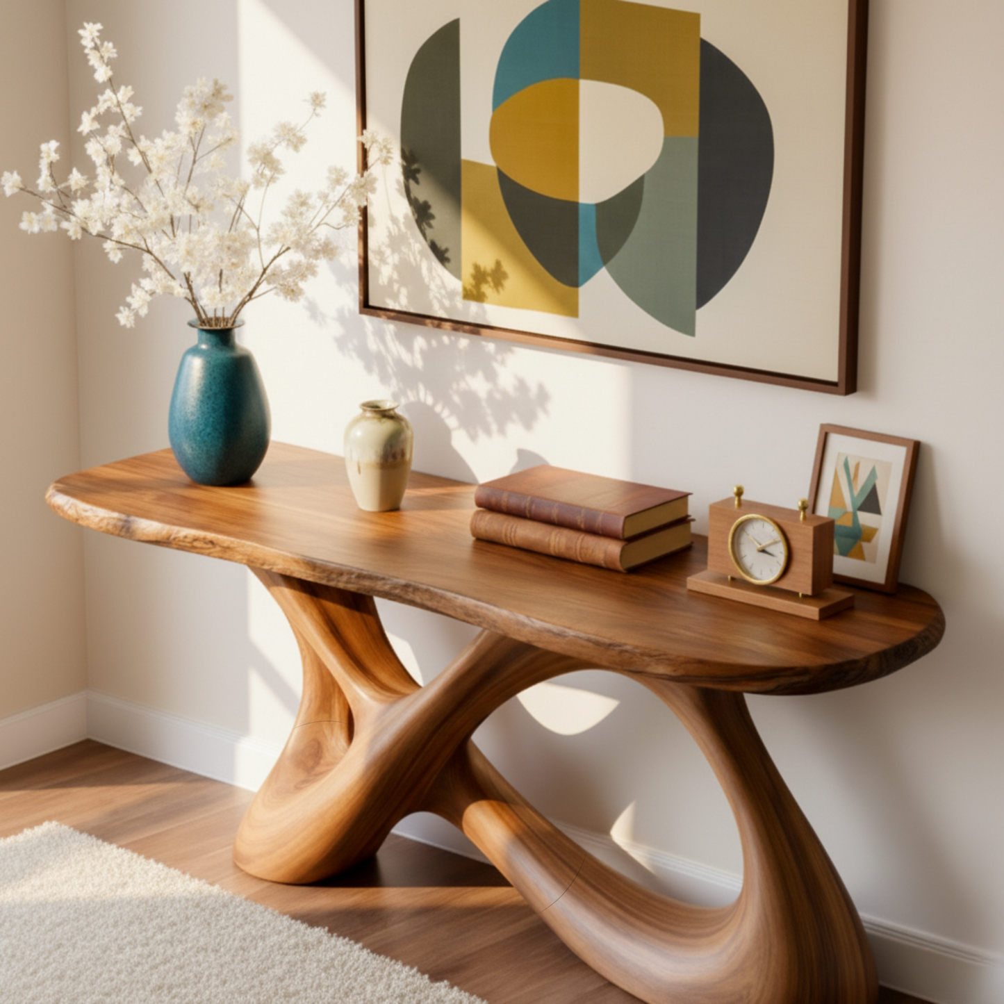 Sculptural Solid Wood Console Table with Interlocking Curved Base