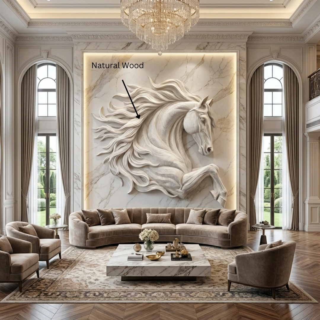 Sculptural Horse Wall Art – Hand-Carved Luxury Wood Relief for Grand Living Rooms