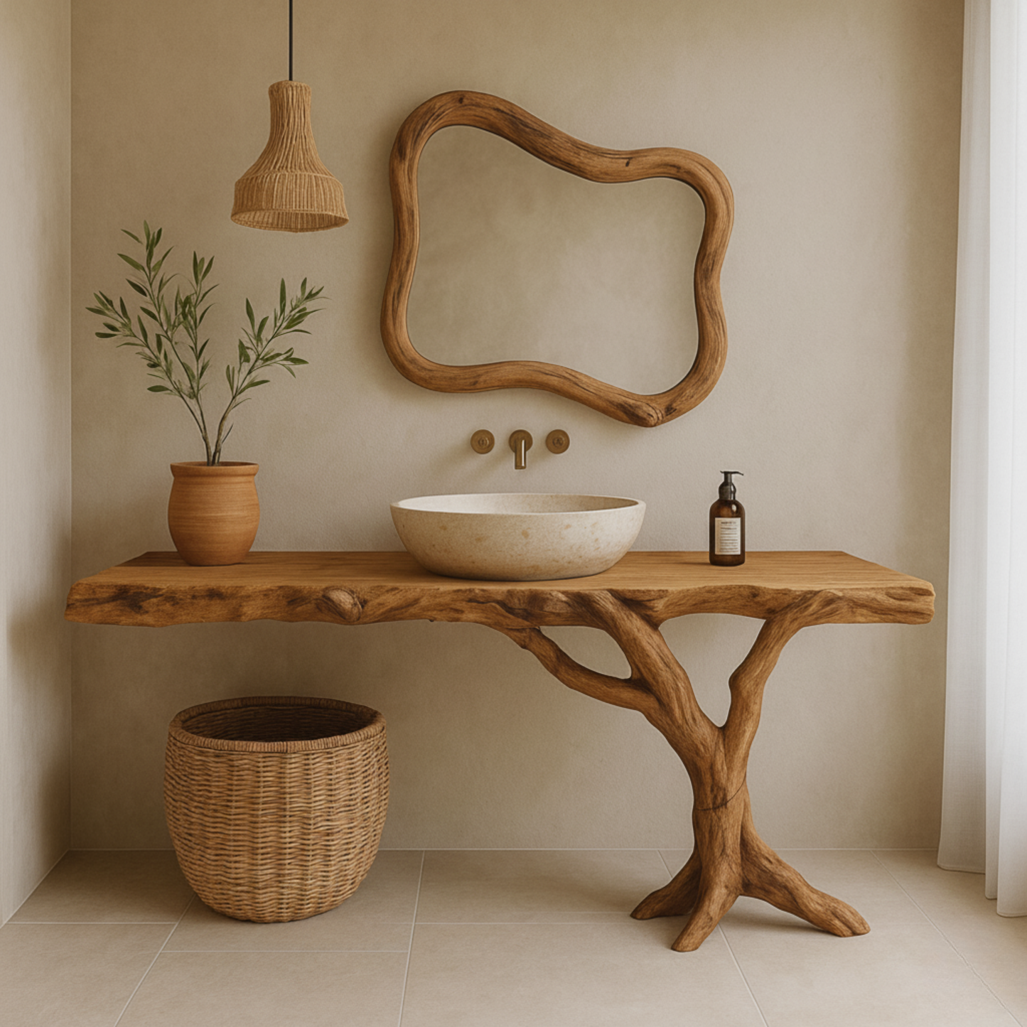 Live-Edge Solid Wood Bathroom Vanity with Natural Tree-Branch Base