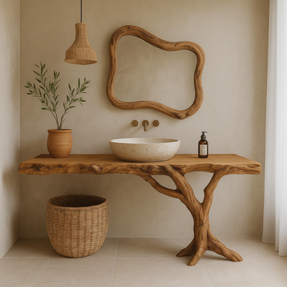Live-Edge Solid Wood Bathroom Vanity with Natural Tree-Branch Base