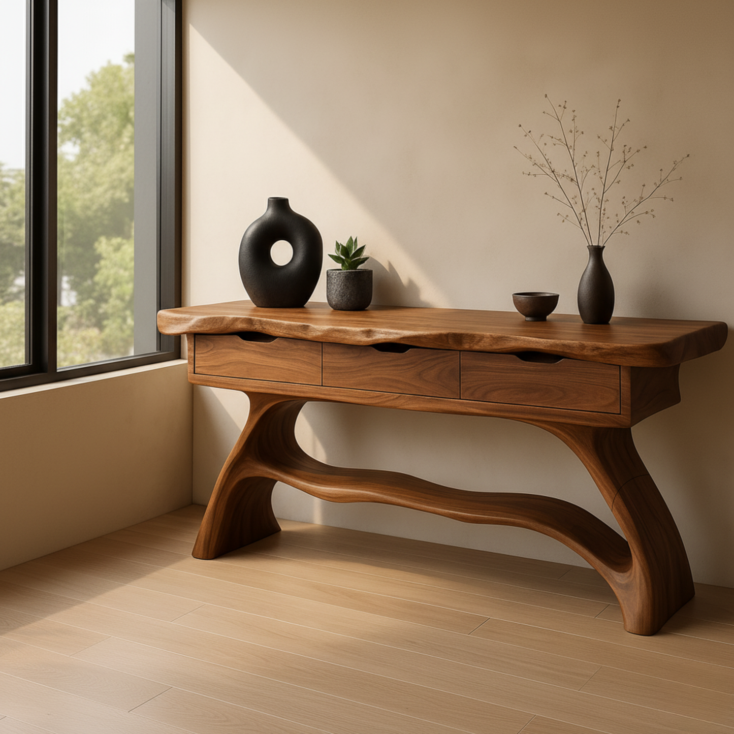 Luxury Live Edge Console Table – Handmade Solid Wood Console with Sculptural Design