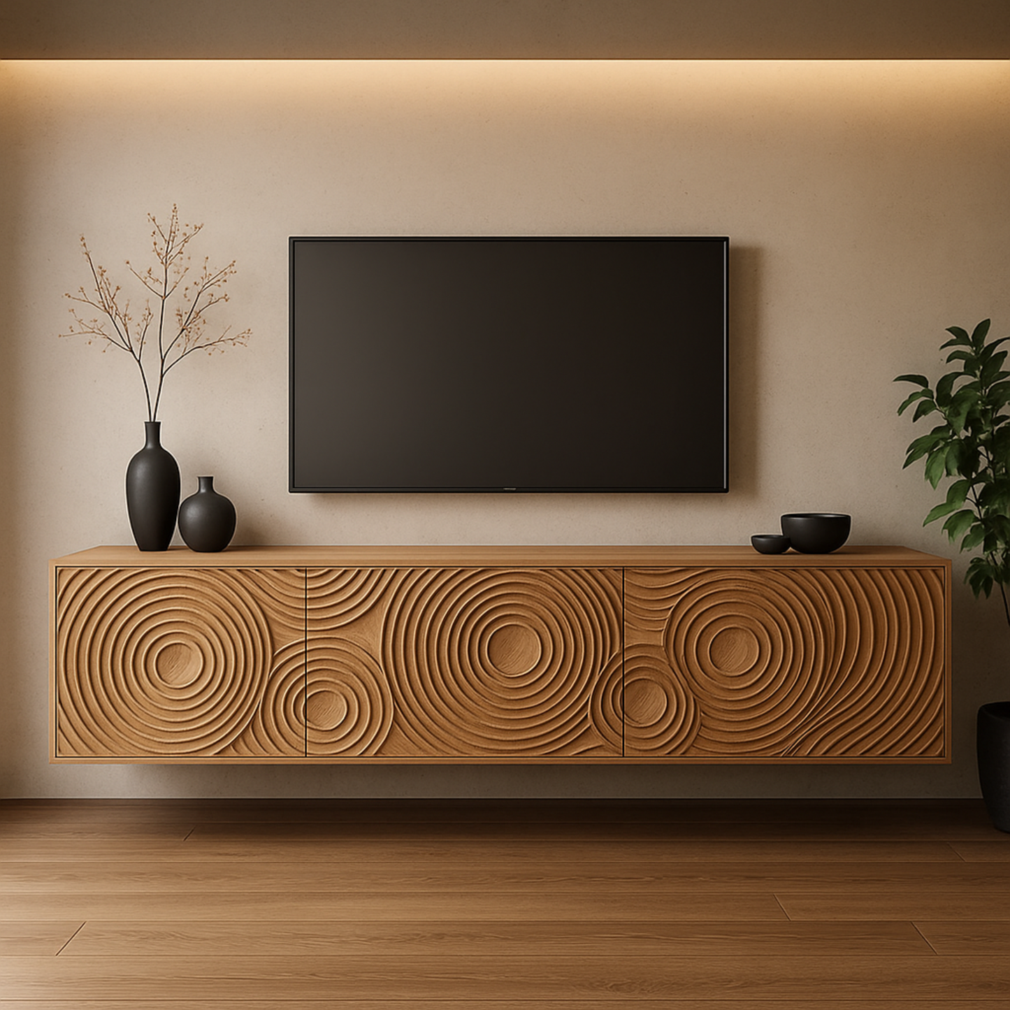 Luxury Floating TV Console with Ripple Carved Front