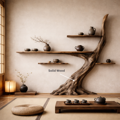 Japandi Tree Trunk Wall Shelves – Handcrafted Luxury Wood Art