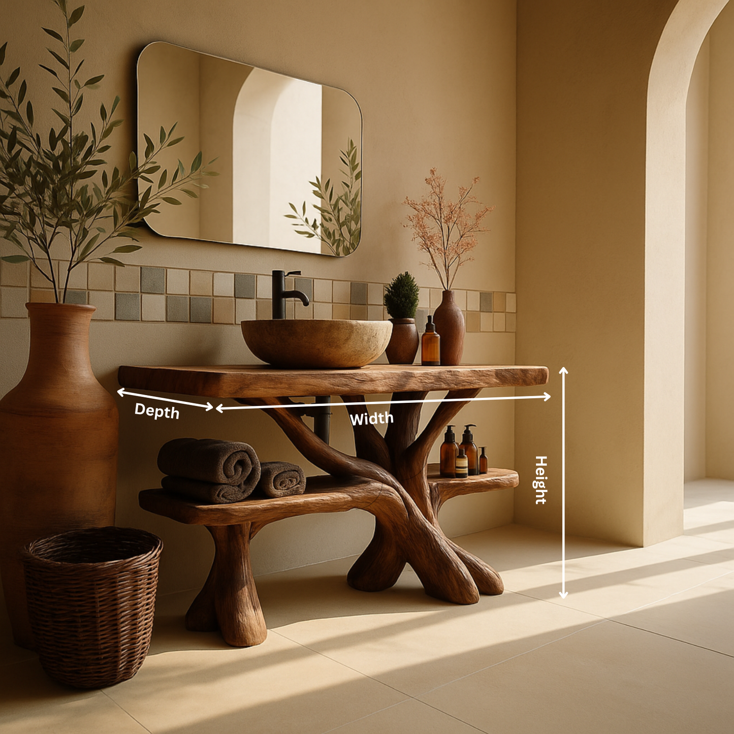 Rustic Luxury Wood Bathroom Vanity with Tree-Root Design