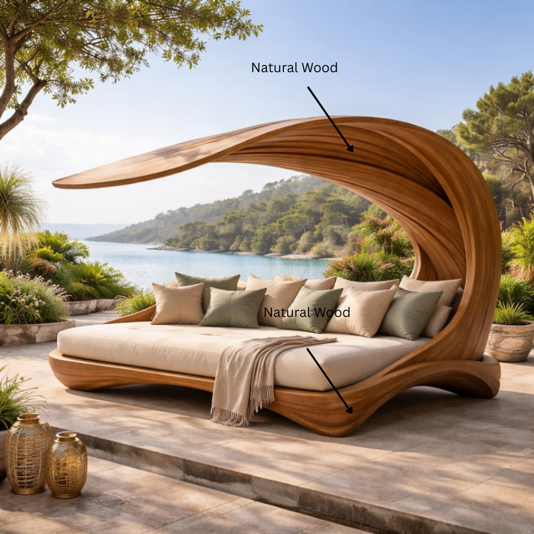 Sculptural Outdoor Wooden Daybed with Flowing Canopy