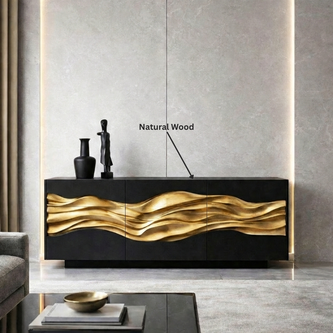 Architectural Sculptural Sideboard | Cabinet with Hand-Carved Gold-Plated Wave