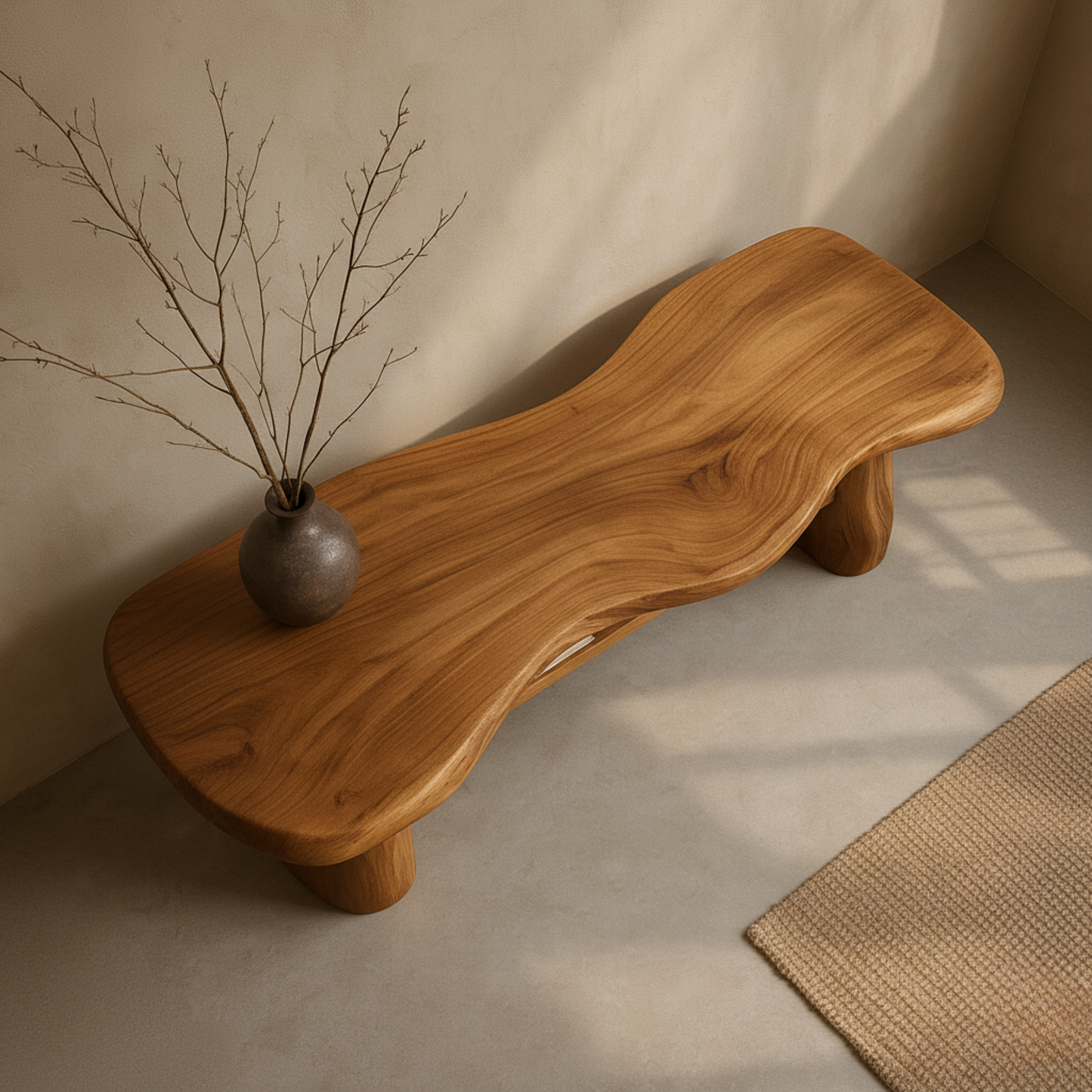 Organic Solid Wood Bench – Sculpted Live-Edge Design