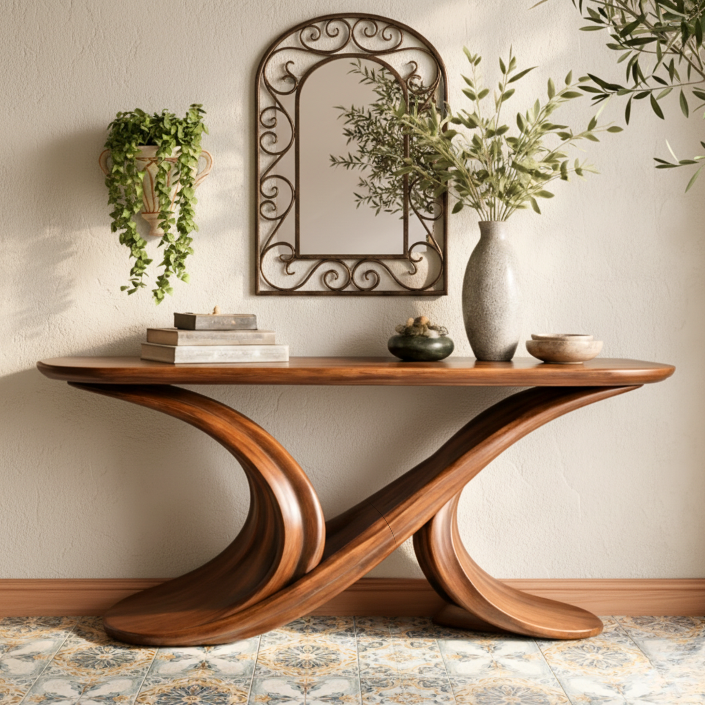 Sculptural Solid Wood Console Table – Dual Flow Curved Base