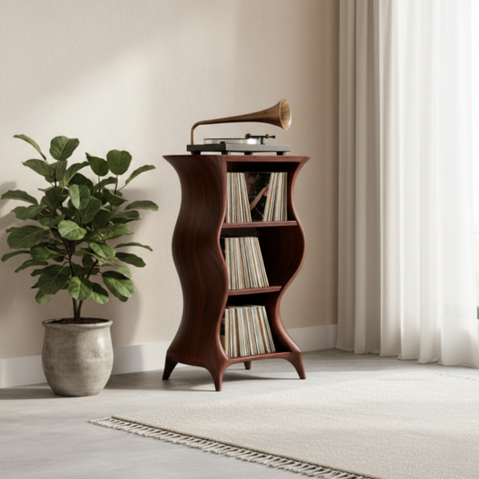 Organic Modern Record Player Cabinet – Sculpted Solid Wood Turntable Stand