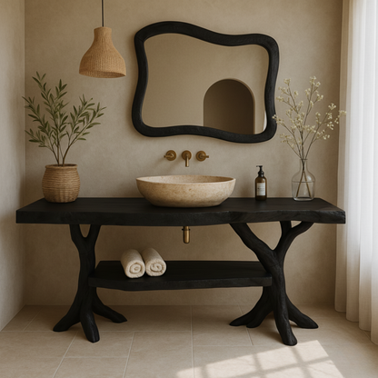 Organic Live-Edge Solid Wood Bathroom Vanity with Sculptural Tree Trunk