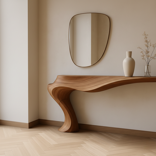 Japandi Sculptural Console Table – Handmade Live Edge Solid Wood Console