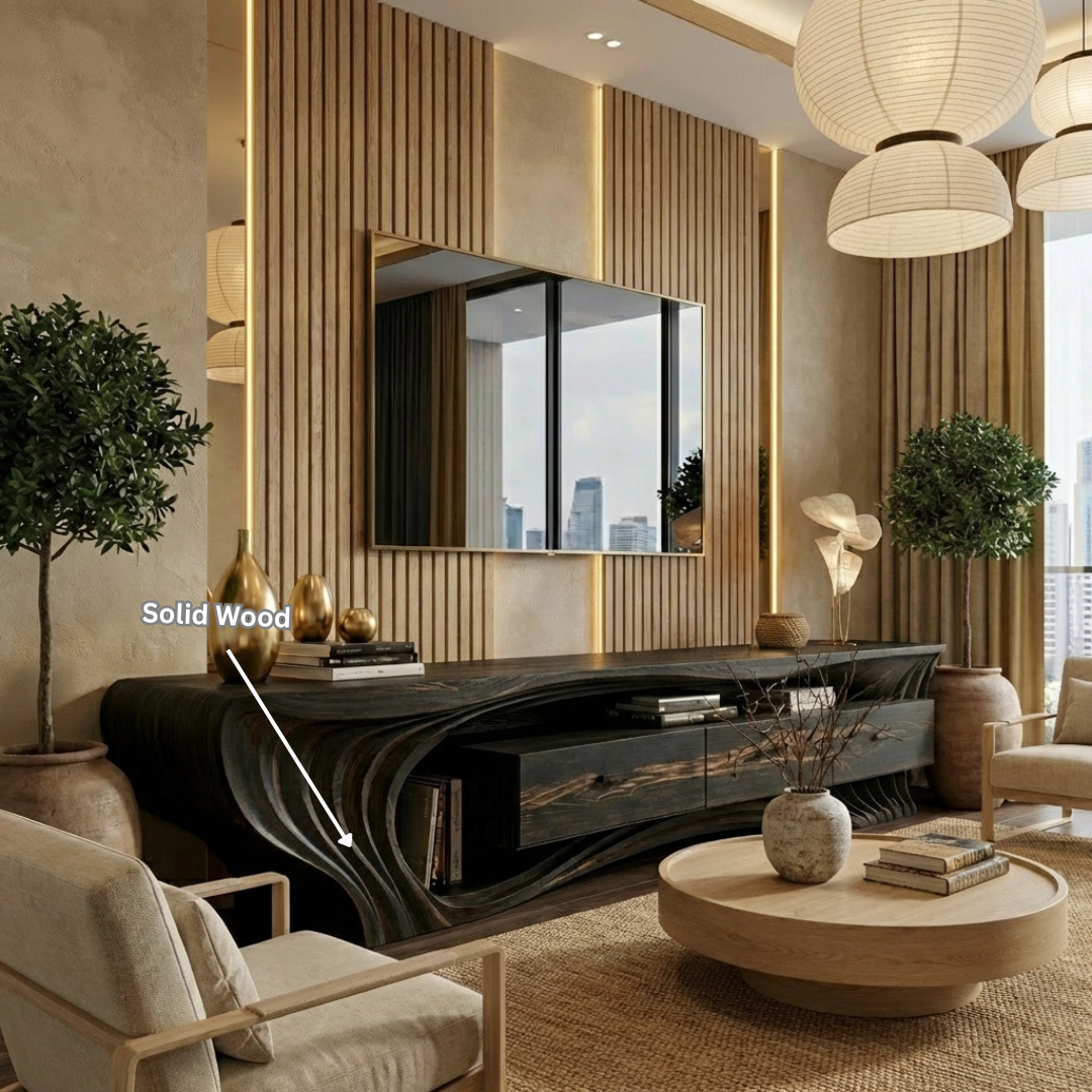 Sculptural Wave Solid Wood TV Console – A Statement of Architectural Luxury