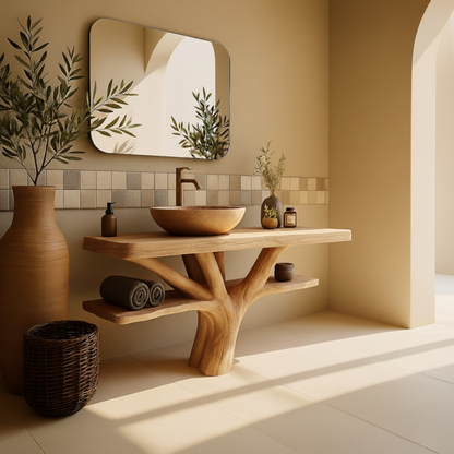 Handcrafted Solid Wood Bathroom Vanity with Tree-Root Base – Organic Modern Luxury Sink Console