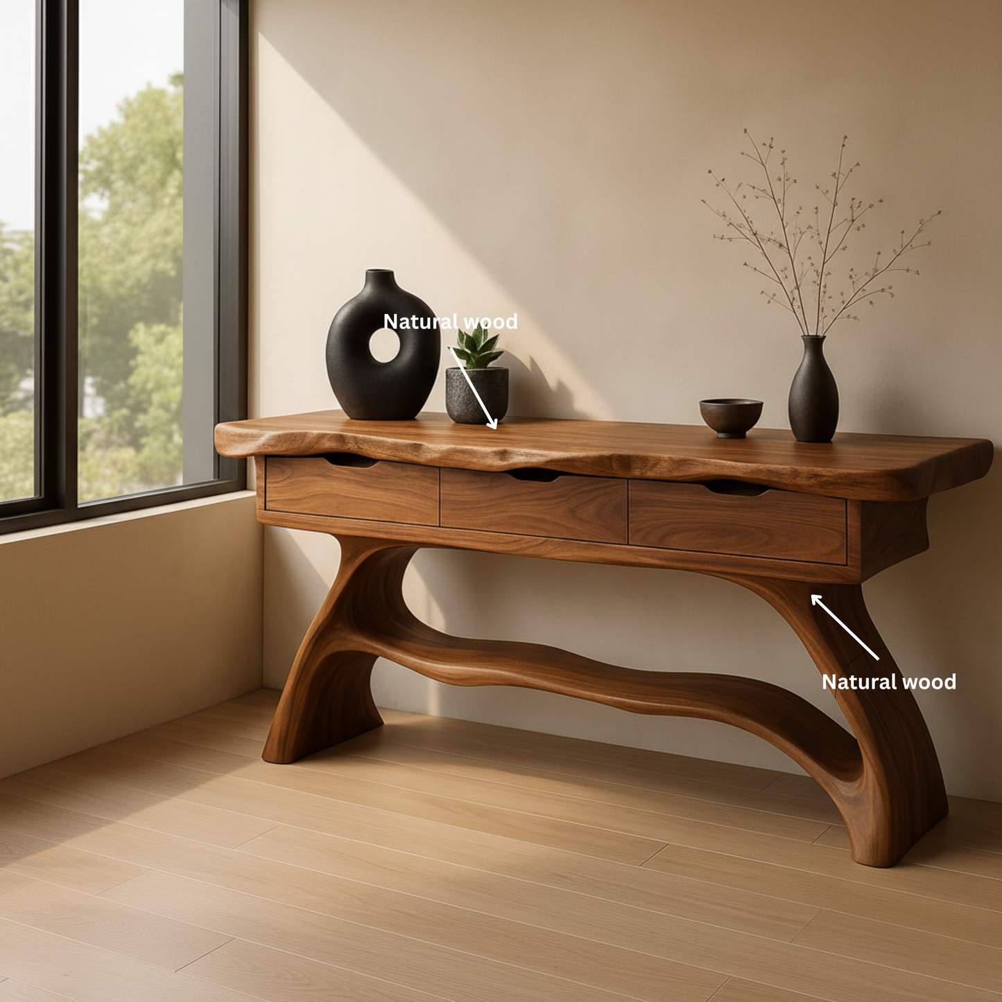 Luxury Live Edge Console Table – Handmade Solid Wood Console with Sculptural Design