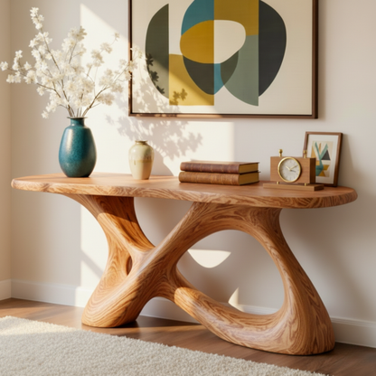 Sculptural Solid Wood Console Table with Interlocking Curved Base