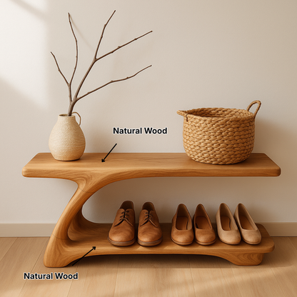 Sculpted Solid Wood Shoe Bench with Fluid Curved Base