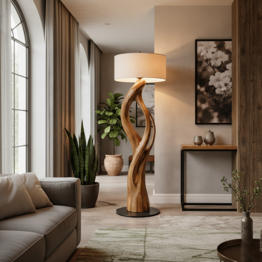 Mid-Century Sculptural Floor Lamp – Solid Wood Artisan Design