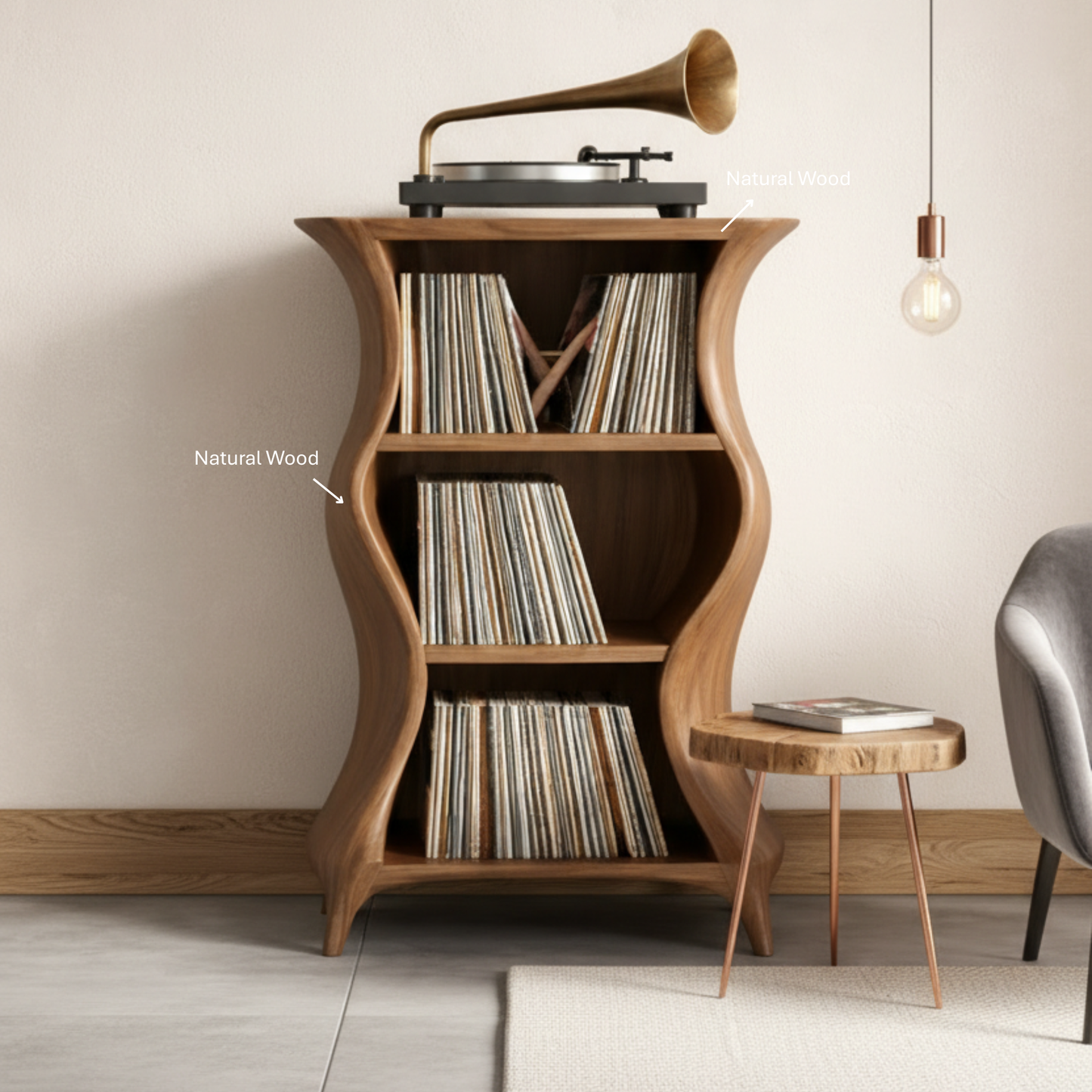 Organic Modern Record Player Cabinet – Sculpted Solid Wood Turntable Stand