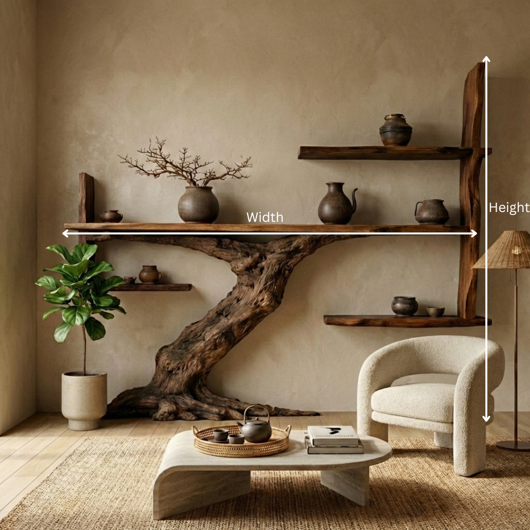 Japandi Sculptural Tree Trunk Shelves for Luxury Interiors