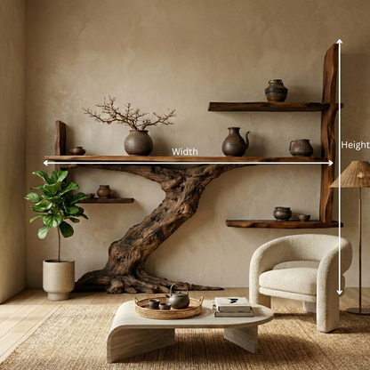 Japandi Sculptural Tree Trunk Shelves for Luxury Interiors