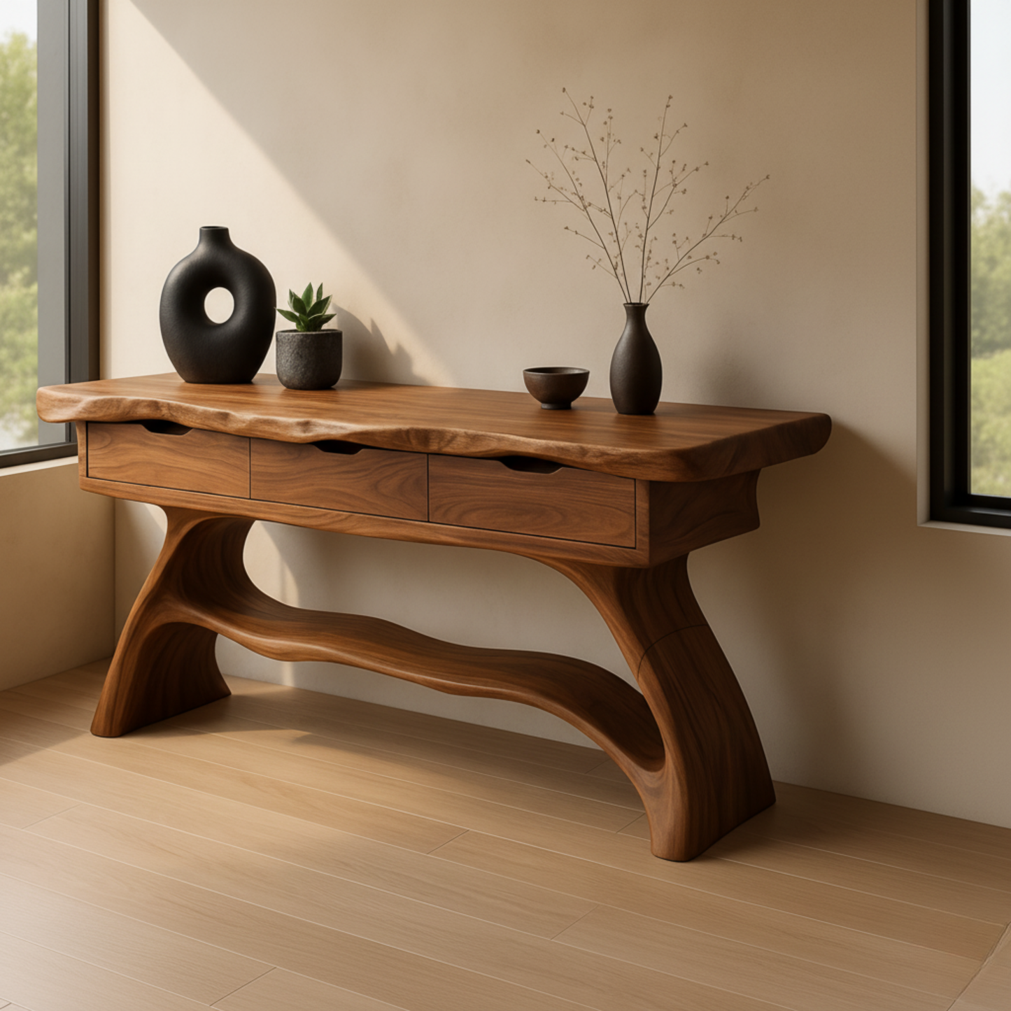 Luxury Live Edge Console Table – Handmade Solid Wood Console with Sculptural Design