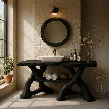 Handcrafted Solid Wood Bathroom Vanity with Sculptural Interwoven Base