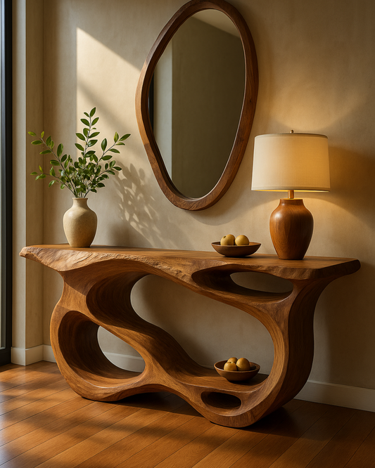 Sculptural Open-Form Console Table – Handmade Live Edge Solid Wood Console