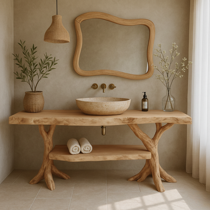 Organic Live-Edge Solid Wood Bathroom Vanity with Sculptural Tree Trunk