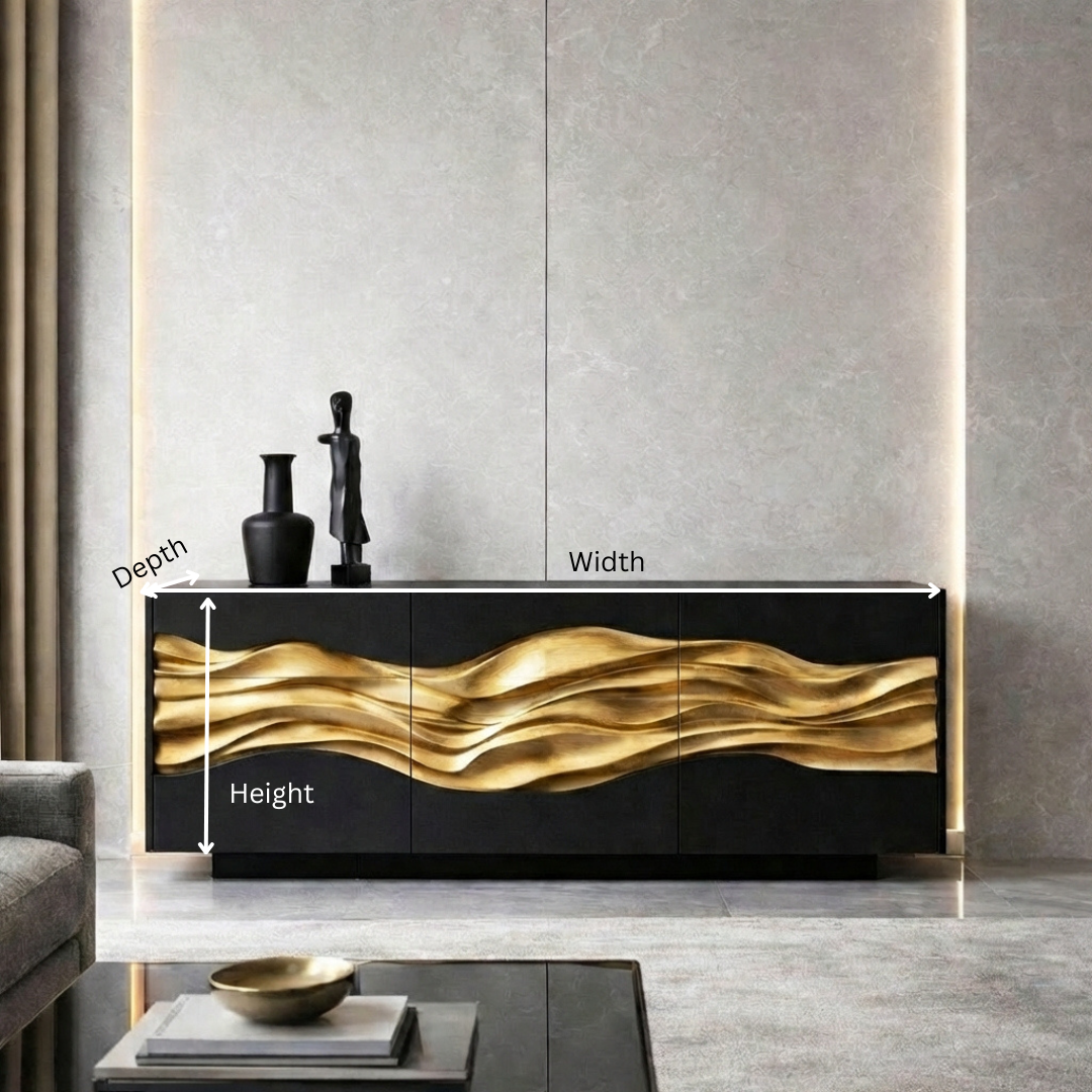 Architectural Sculptural Sideboard | Cabinet with Hand-Carved Gold-Plated Wave