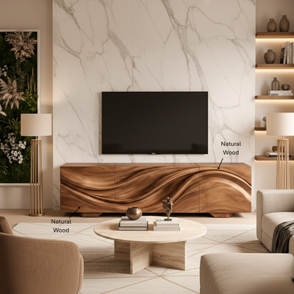Wave-Pattern Solid Wood TV Console – Sculptural Media Cabinet