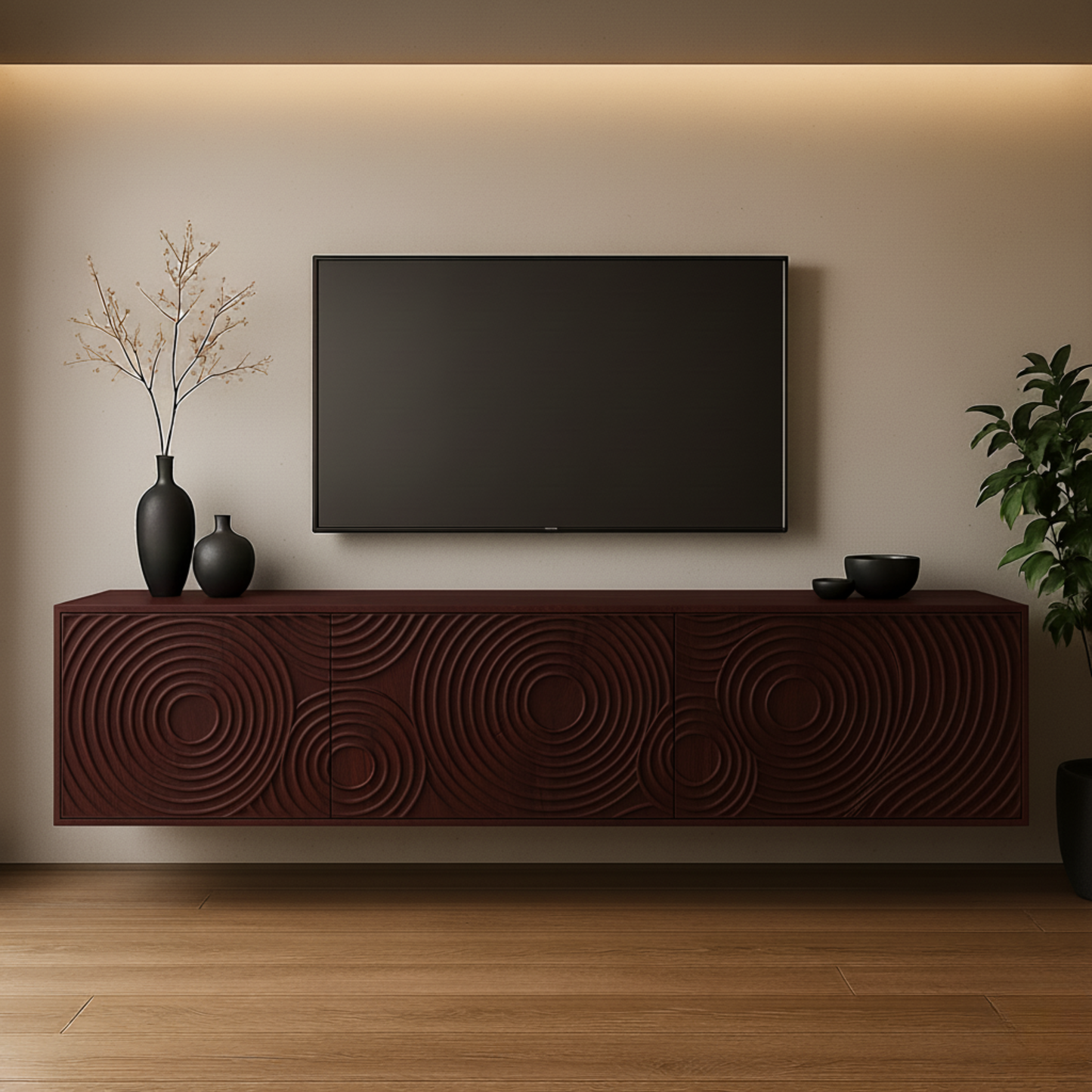 Luxury Floating TV Console with Ripple Carved Front