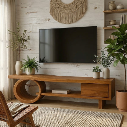 Modern Solid Wood TV Console with Circular Base