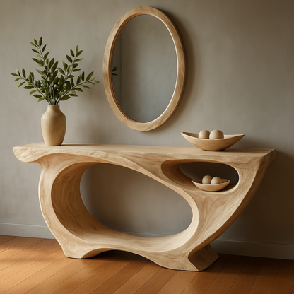 Luxury Sculptural Console Table – Handmade Solid Wood Console with Live Edge Style