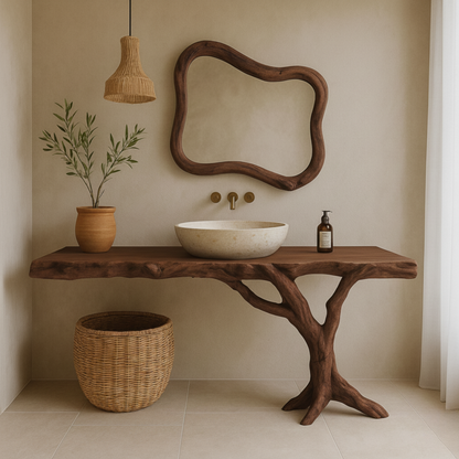 Live-Edge Solid Wood Bathroom Vanity with Natural Tree-Branch Base