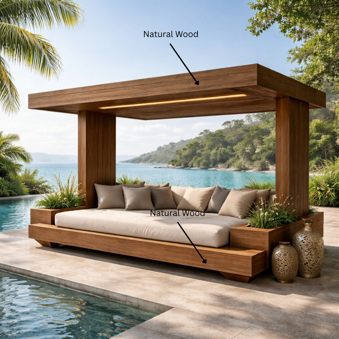 Sculptural Outdoor Wooden Daybed with Flowing Canopy