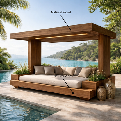 Sculptural Outdoor Wooden Daybed with Flowing Canopy