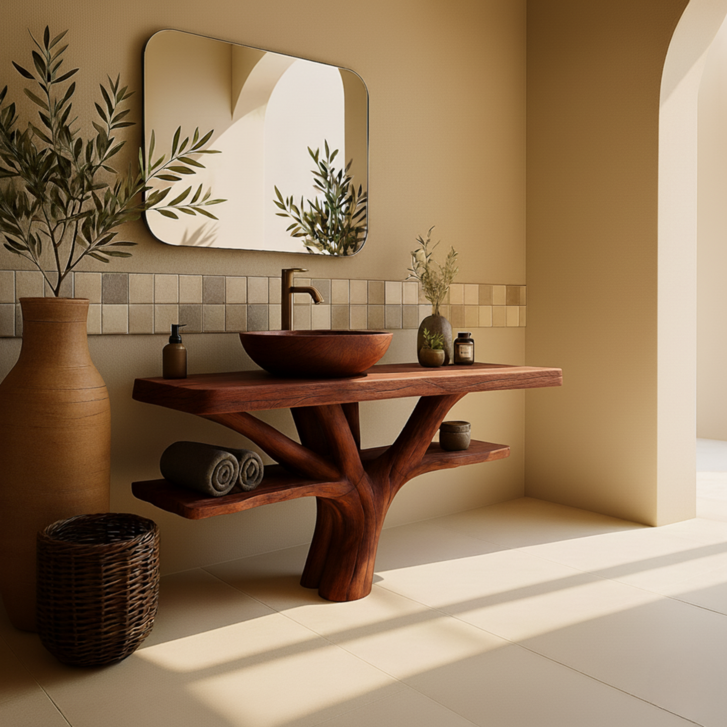 Handcrafted Solid Wood Bathroom Vanity with Tree-Root Base – Organic Modern Luxury Sink Console