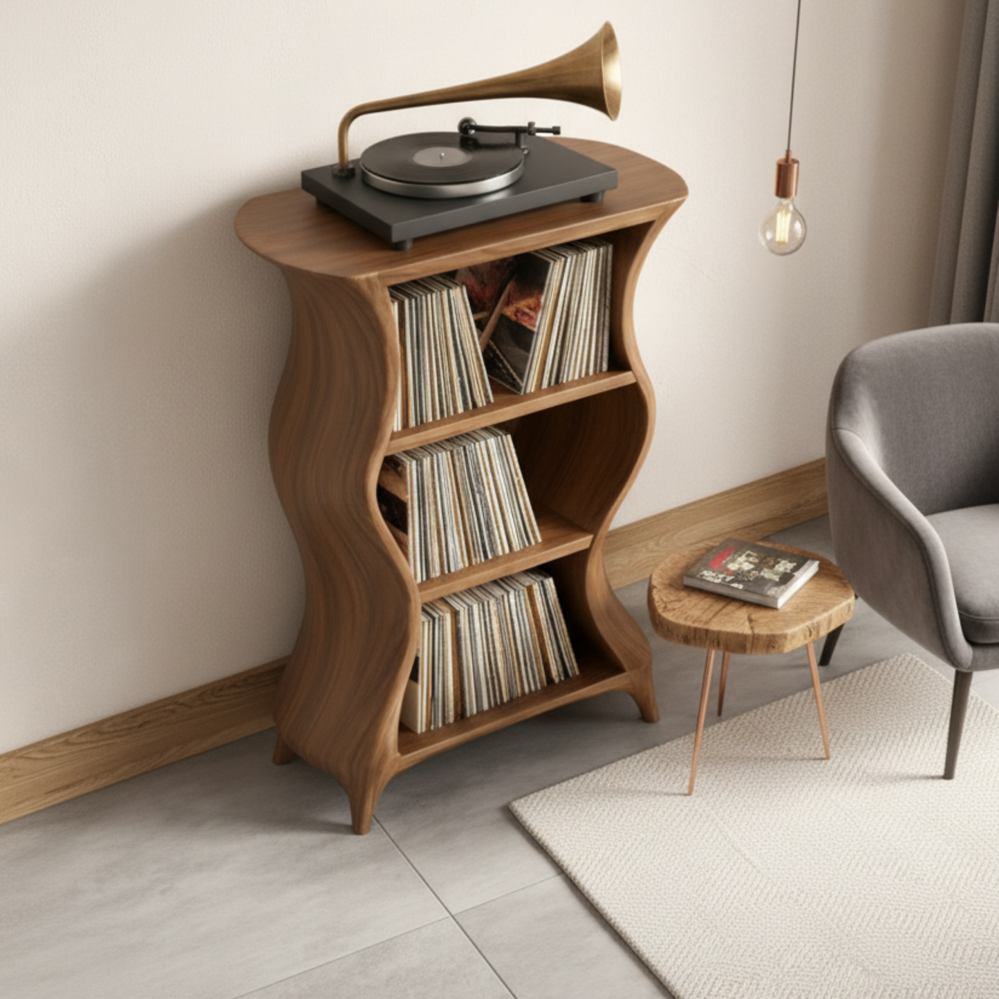 Organic Modern Record Player Cabinet – Sculpted Solid Wood Turntable Stand