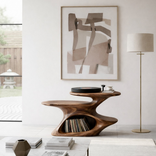 Handcrafted Solid Wood Record Player Cabinet – Sculptural Organic Modern Vinyl Storage