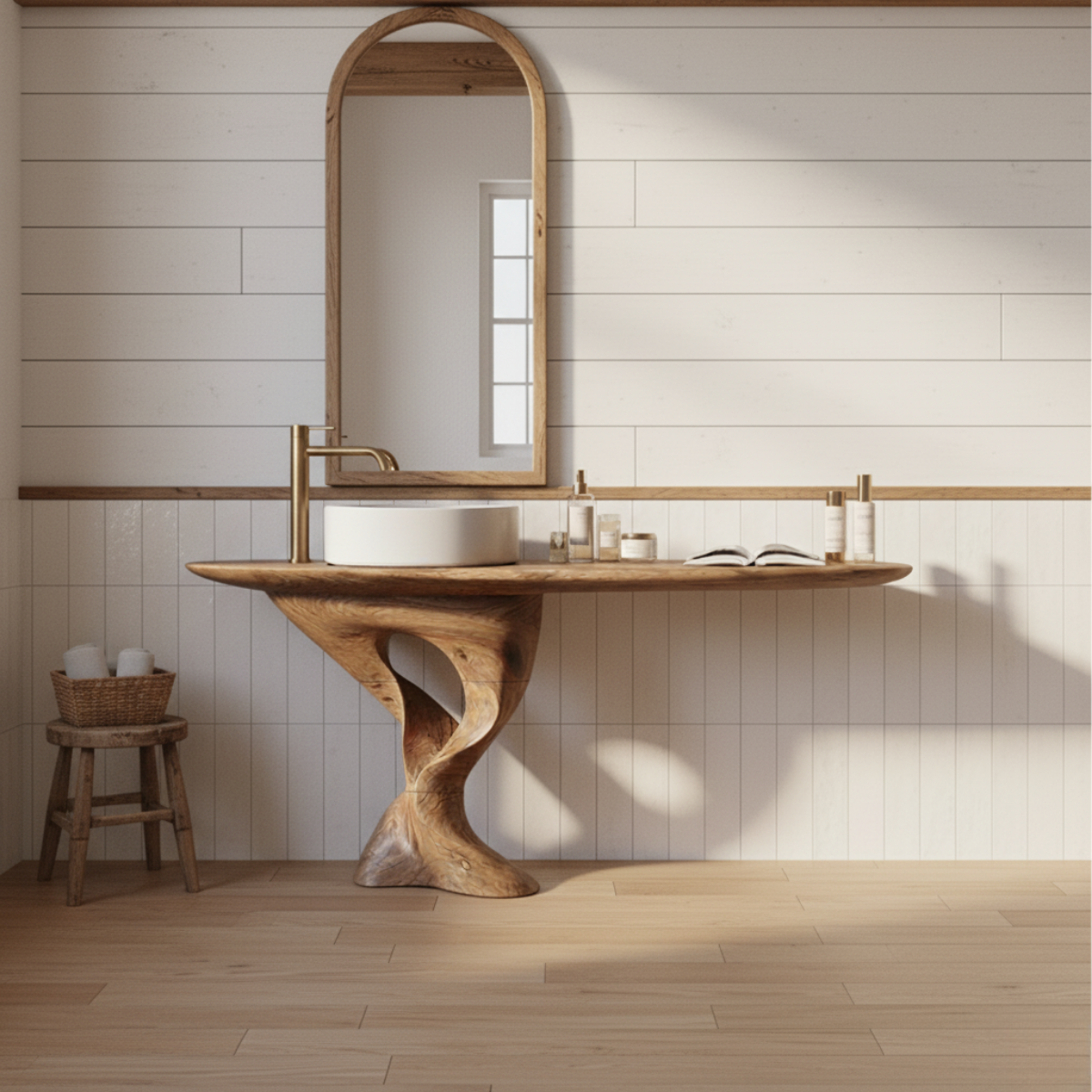 Organic Modern Solid Wood Bathroom Vanity with Sculpted Tree-Trunk Pedestal and Curved Live-Edge Top