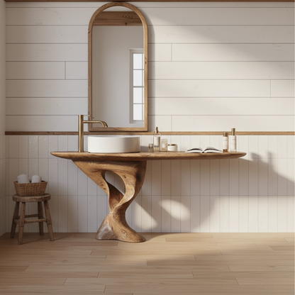 Organic Modern Solid Wood Bathroom Vanity with Sculpted Tree-Trunk Pedestal and Curved Live-Edge Top
