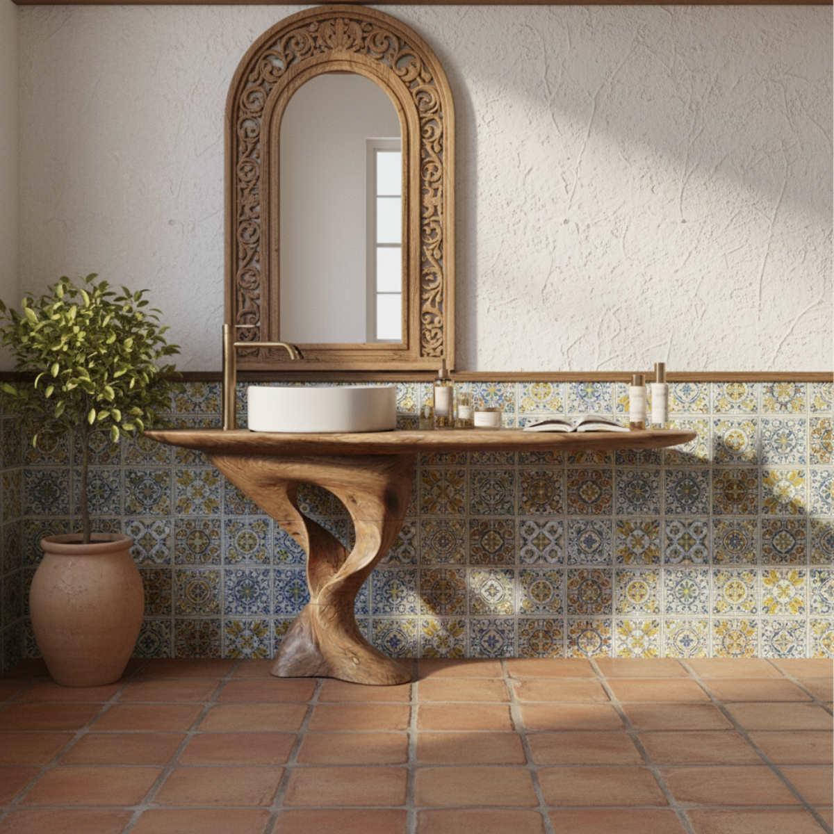 Organic Modern Solid Wood Bathroom Vanity with Sculpted Tree-Trunk Pedestal and Curved Live-Edge Top