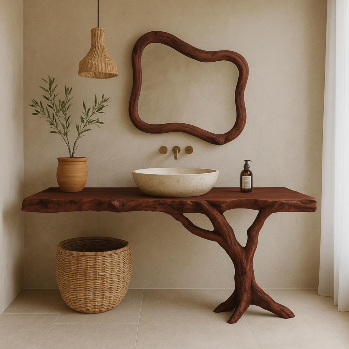 Live-Edge Solid Wood Bathroom Vanity with Natural Tree-Branch Base